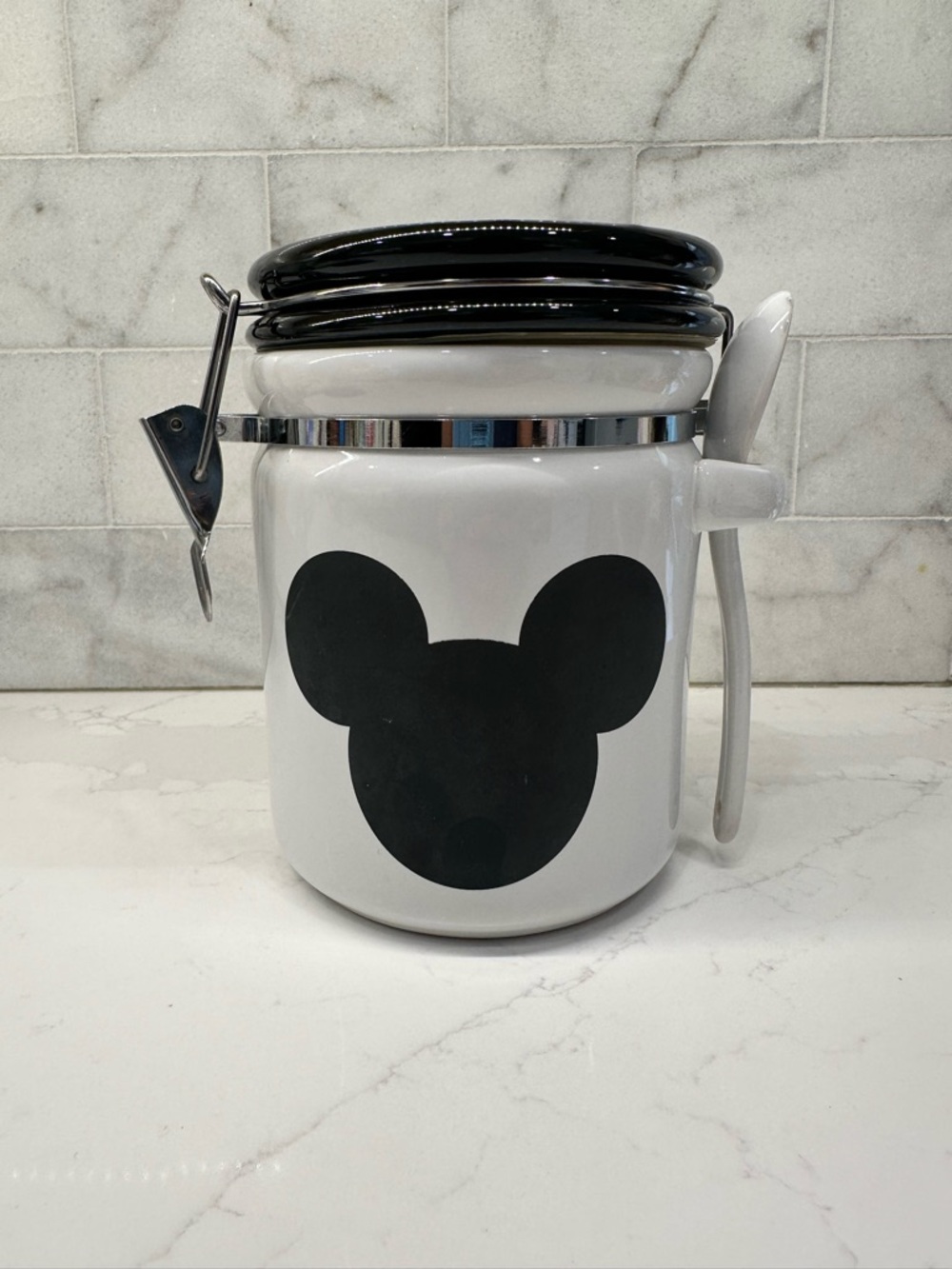 Disney Black & White Mickey Silhouette Ceramic Canister with Spoon